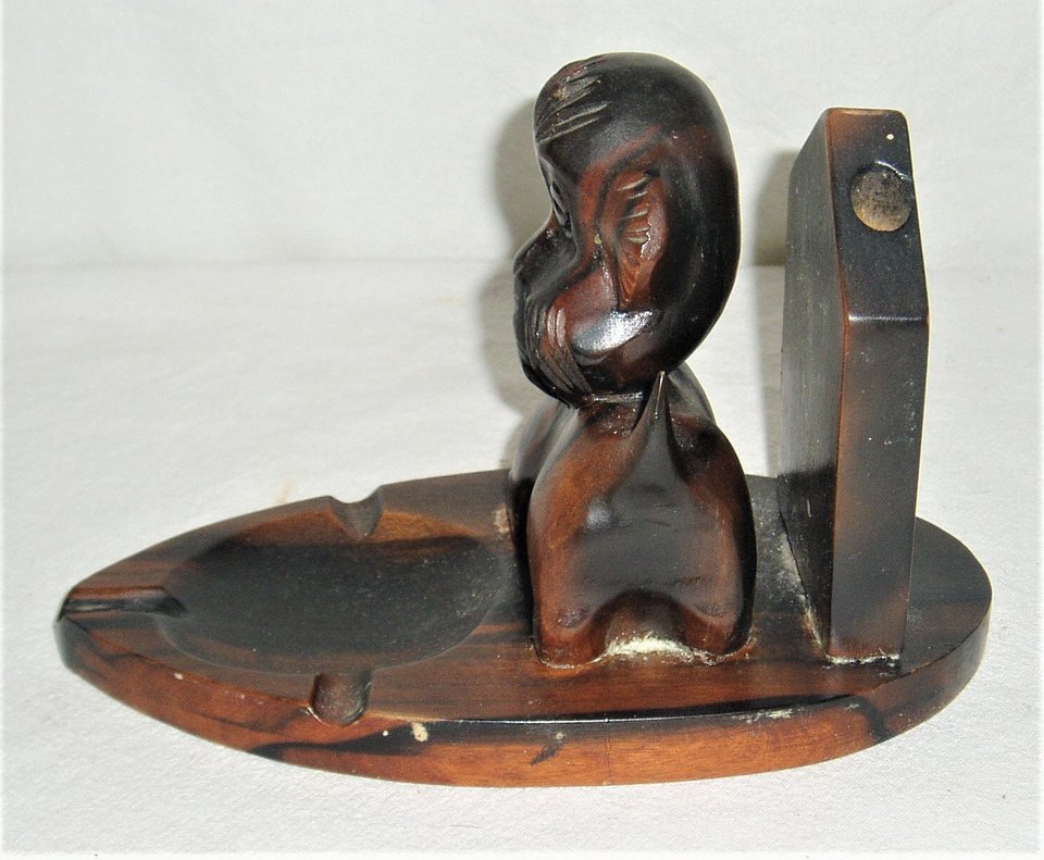Folk Art Dog Ash Tray Pencil Holder, Wood