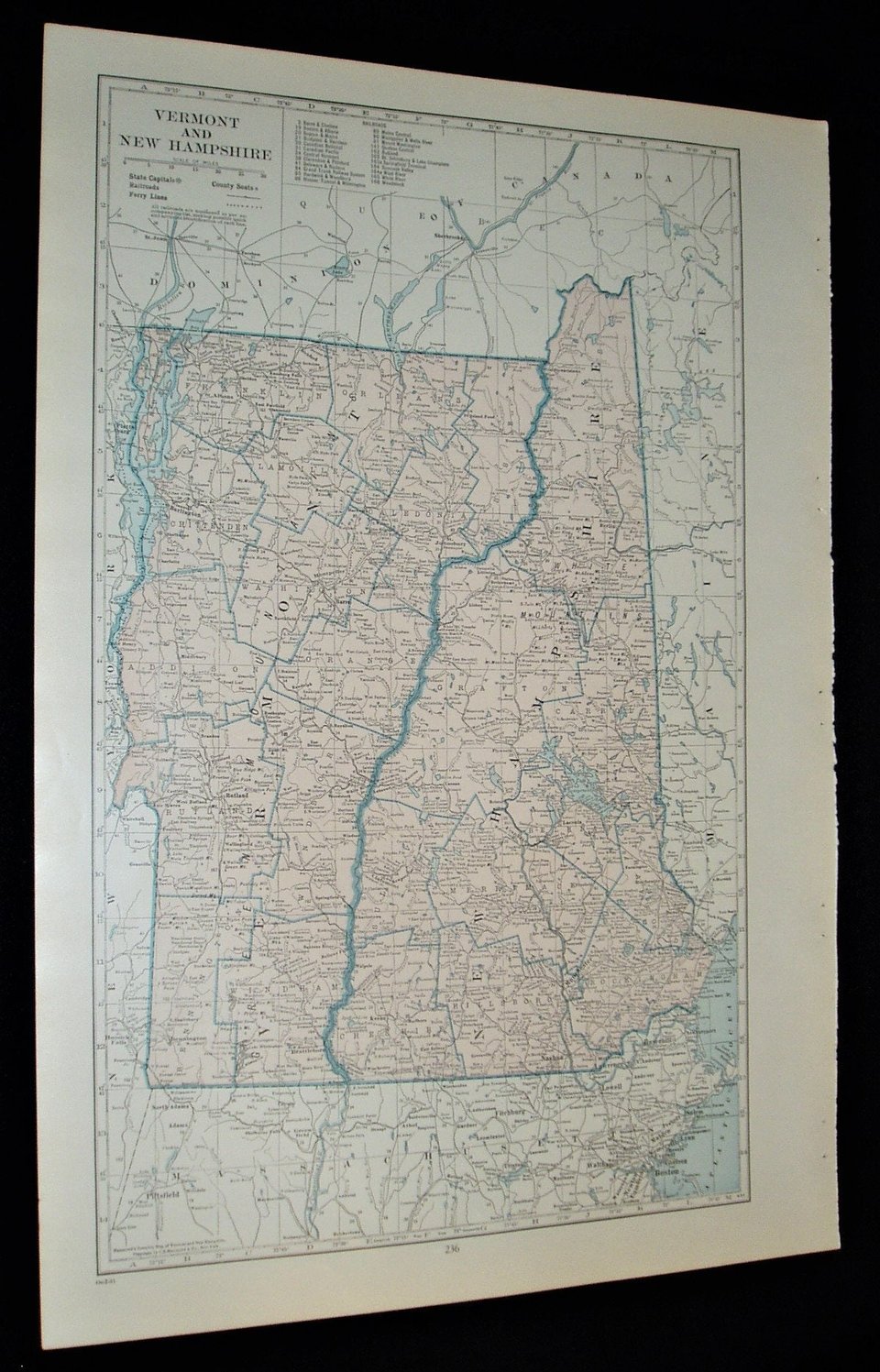 Vintage Map Atlas Page, Vermont New Hampshire, 1932, Large 13.5" by 19.75"
