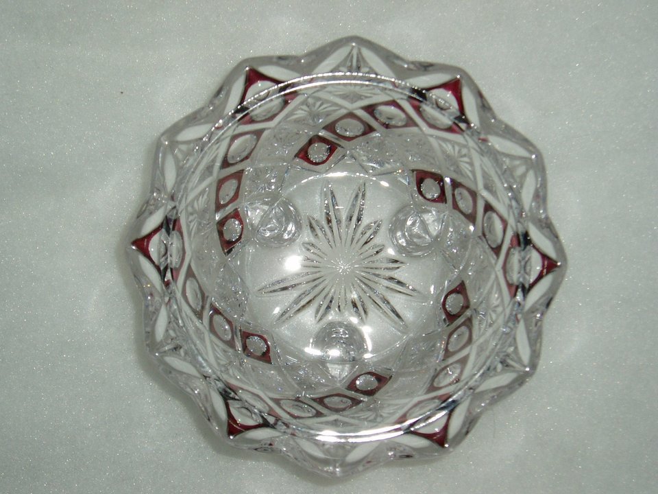 Crystal Candy Dish, Diagonal Diamonds, Red Flashed Thumbprint and Sunbursts
