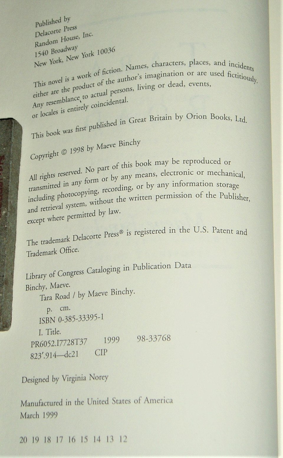 Tara Road by Maeve Binchy, Vintage Hardback Book, Oprah's Book Club Selection