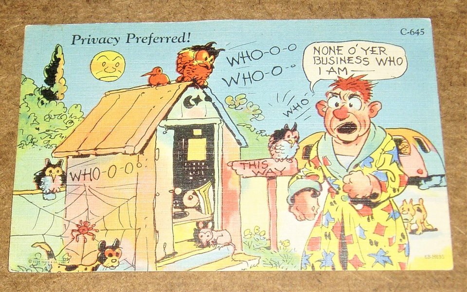 Vintage Postcard "Privacy Preferred", Cartoon 1940's Humor, Outhouse, 2nd Card Ships Free