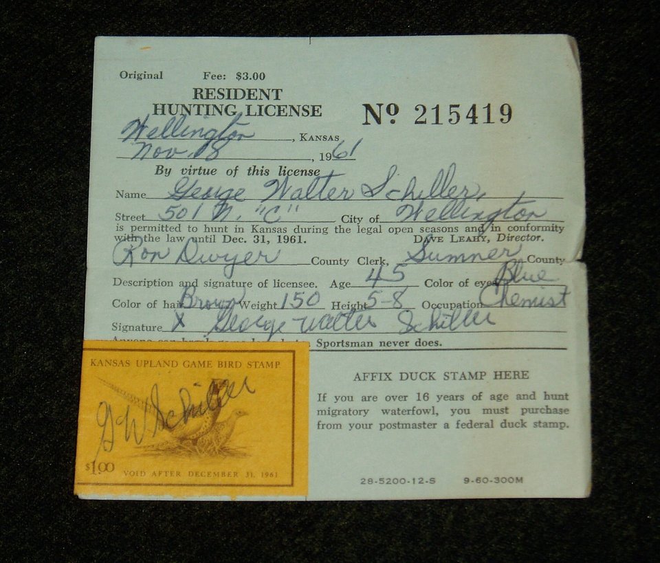 Kansas Hunting License, 1961, with Kansas Upland Game Bird Stamp Attached