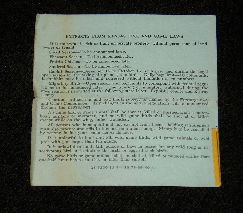Kansas Hunting License, 1961, with Kansas Upland Game Bird Stamp Attached