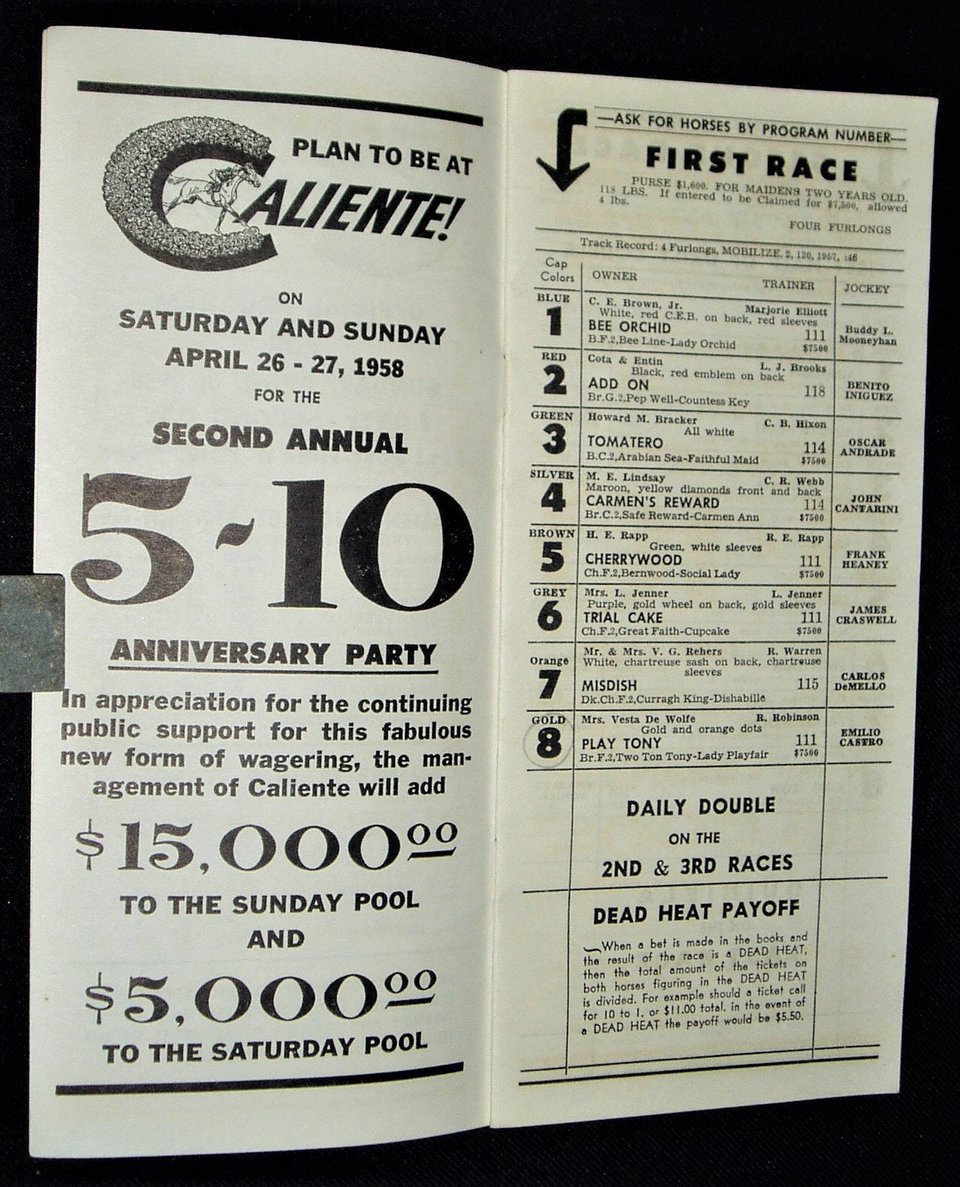 Vintage Caliente Horse Racing Program, 1958