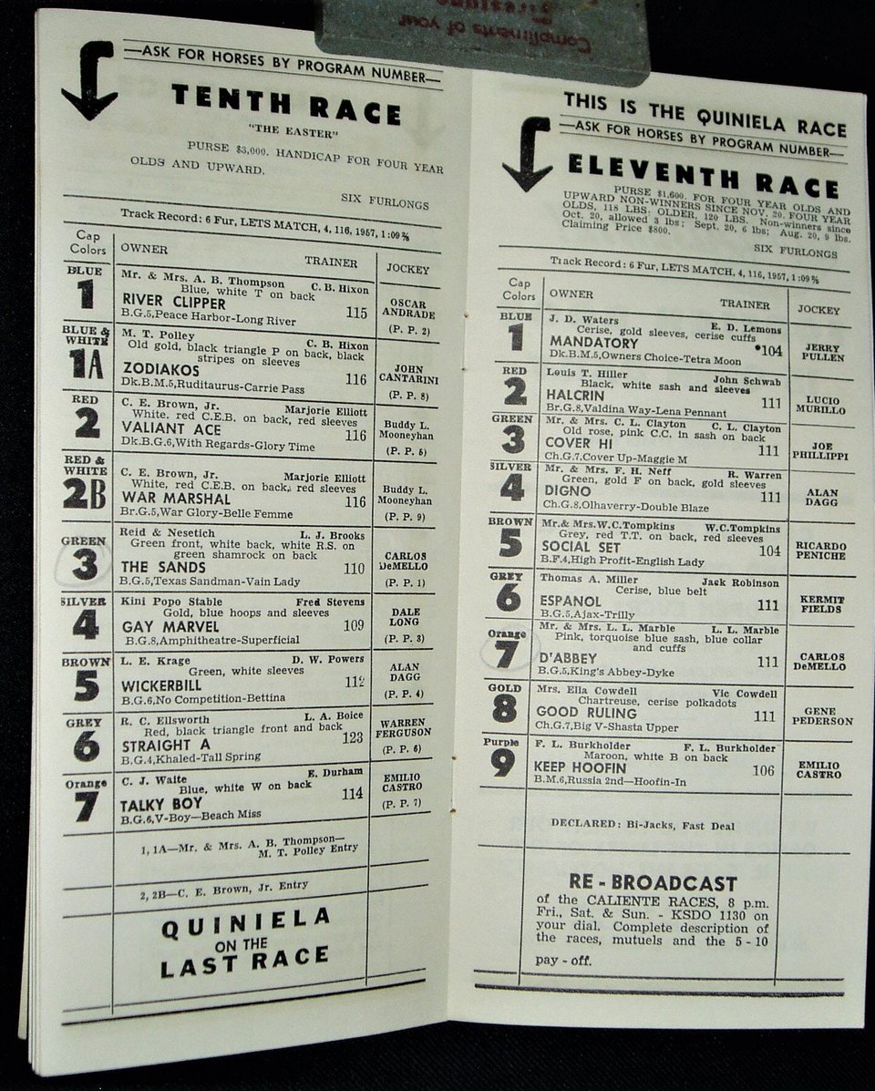 Vintage Caliente Horse Racing Program, 1958