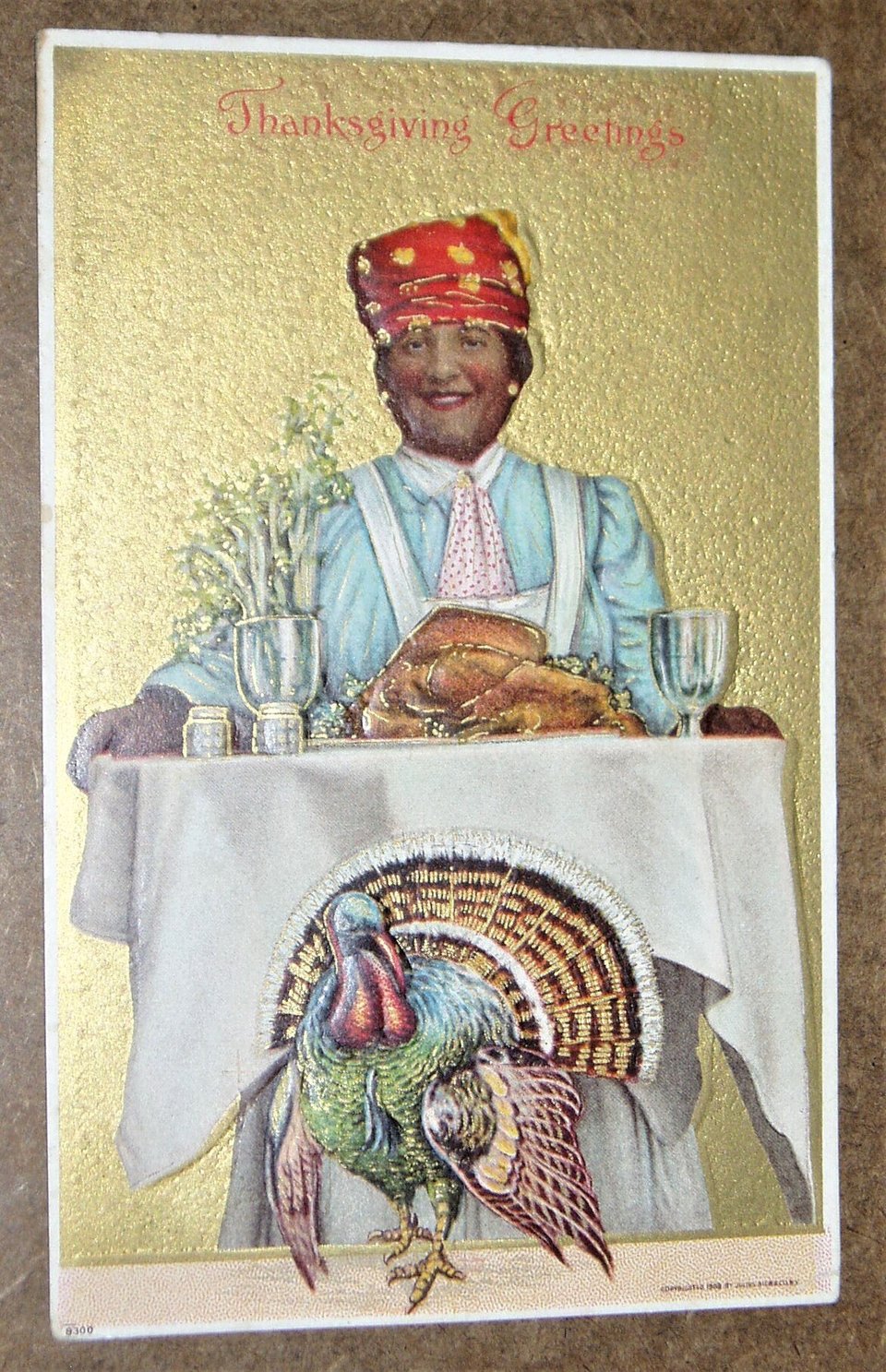 Thanksgiving Postcard, Black or Native Woman Serving a Turkey, Julius Bien, #9300