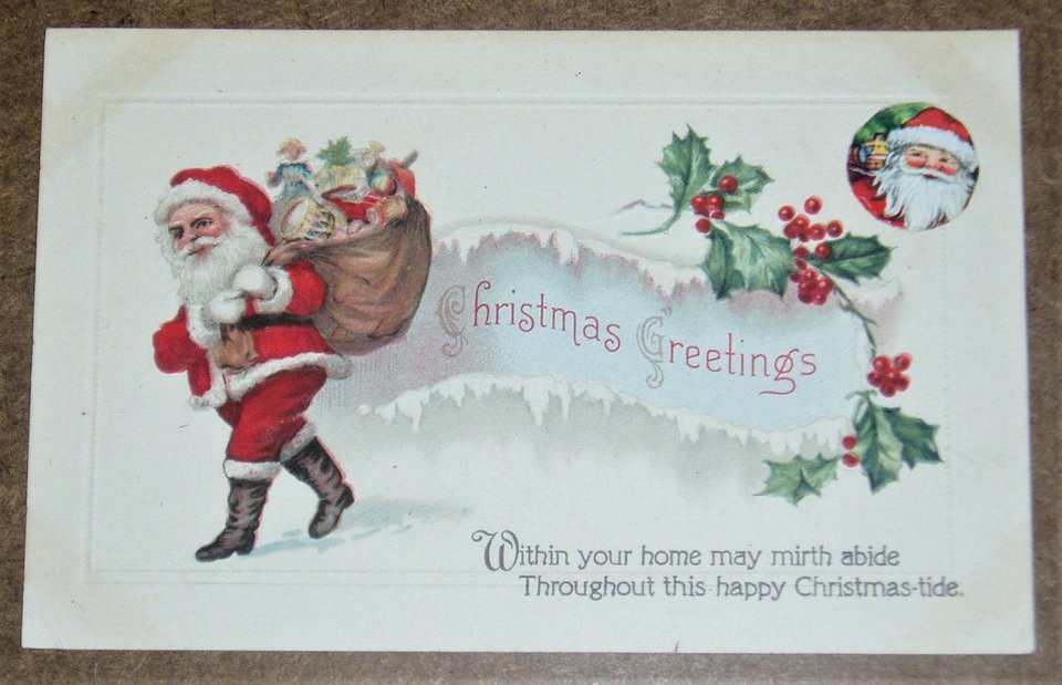 Postcard, Santa With an Elflike Look Carrying Toys