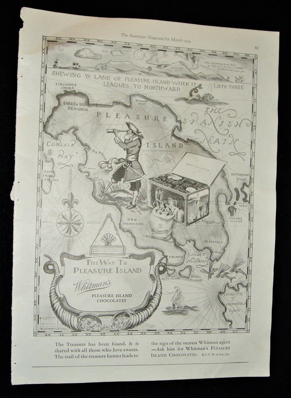 Full Page Advertisement, 1929 Magazine, Whitman's Pleasure Island Chocolates