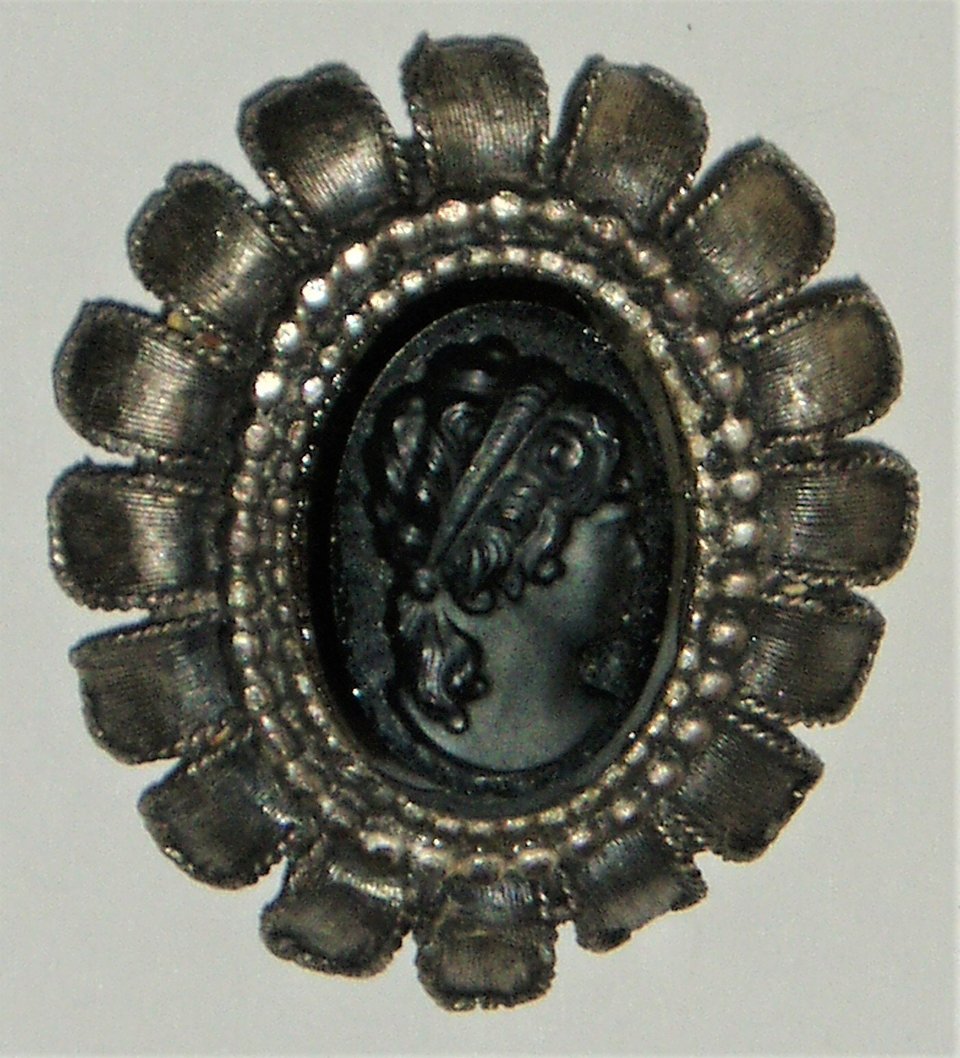 Victorian Mourning Brooch Cameo, Pewter and Black Glass (French Jet?)