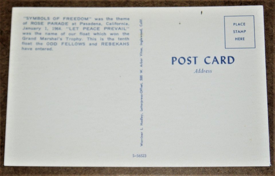 Postcard, Tournament of Roses Parade, 1964, Odd Fellows and Rebekahs, Add'l Cards Ship Free