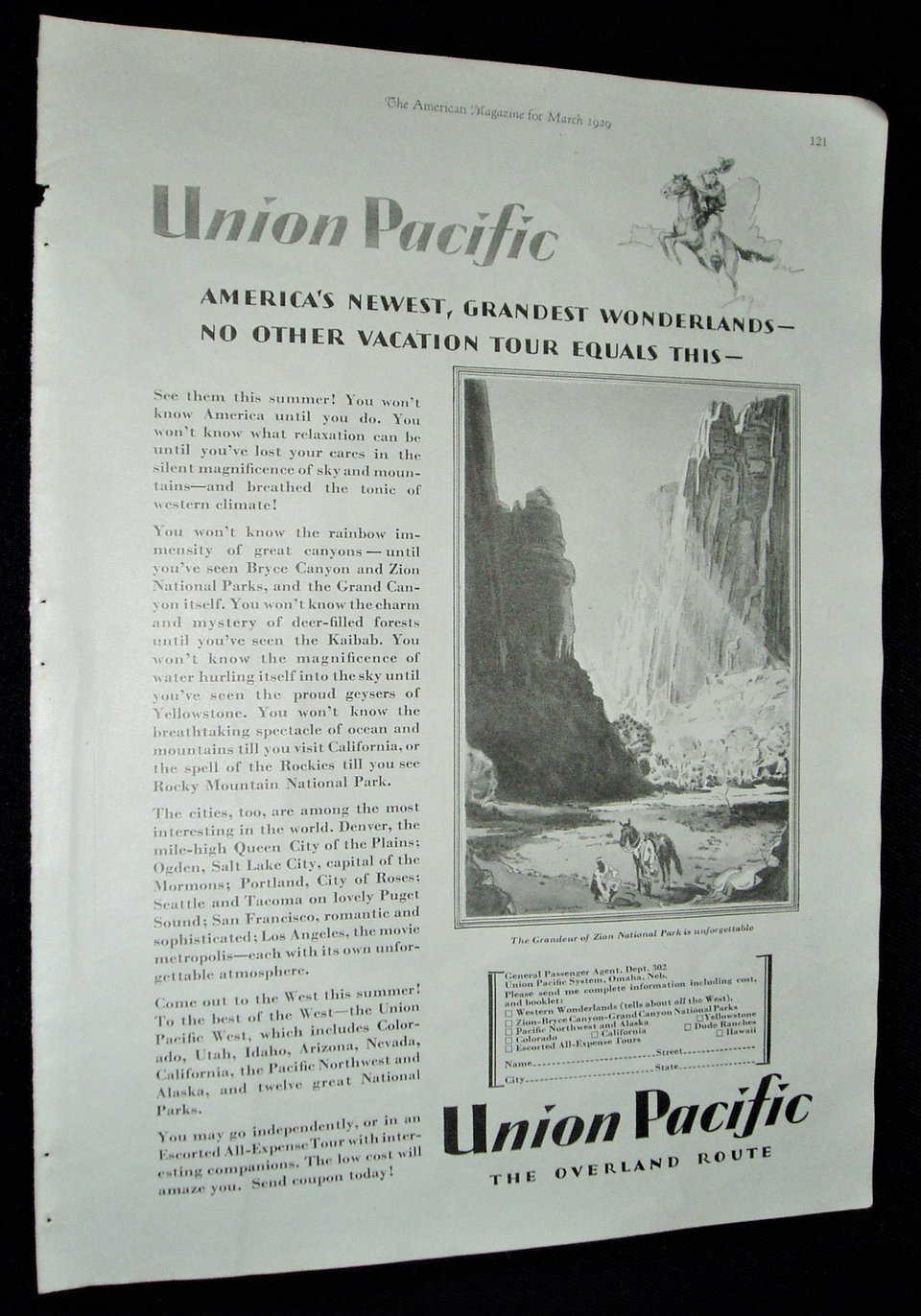 Full Page Advertisement, 1929 Magazine, Union Pacific Railroad, Tourism