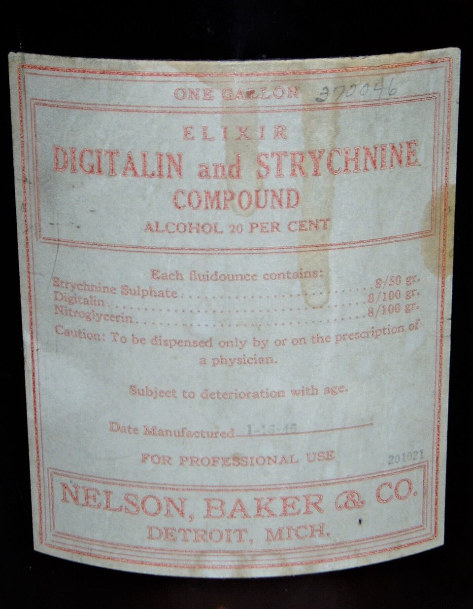 Gallon Brown Bottle, Pharmacy RX Apothecary, Digitalin and Strychnine, Empty