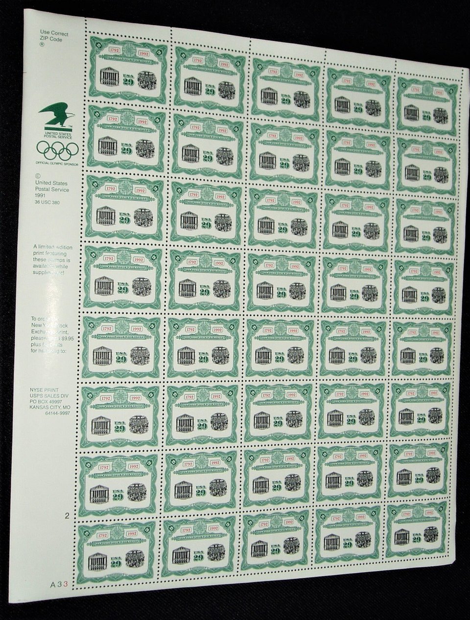 Mint Sheet Postage Stamps, New York Stock Exchange, Scott Catalog #2630 x 40 stamps