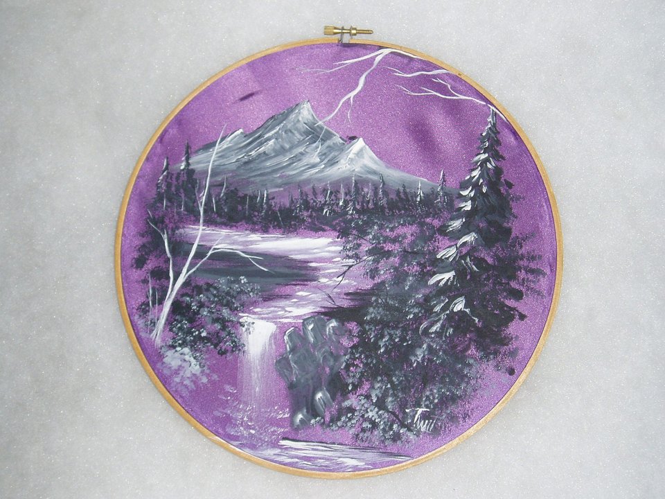 Painted Satin Fabric Picture in Embroidery Hoop, Purple Mountain Scene
