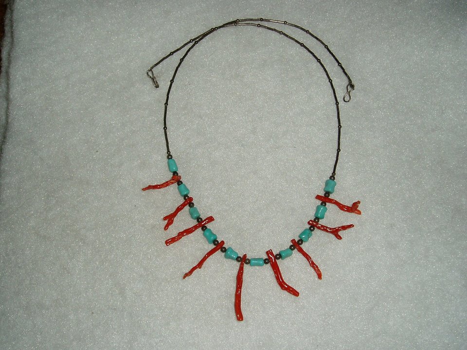 Handmade Necklace, Sterling Silver, Turquoise, Red Long Branch Coral