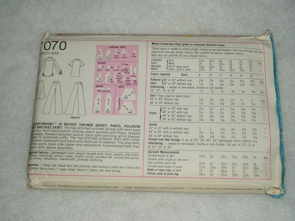 Vintage Simplicity Pattern, Misses'  Pants, Shirt, Bias Skirt, Jacket, 7070 Size 16