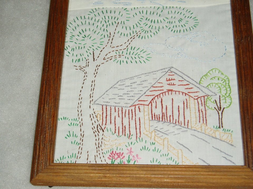 Vintage Embroidery Pictures, Old Mill and Covered Bridge
