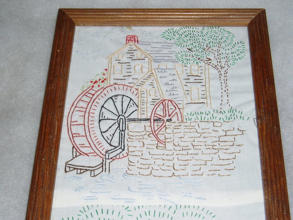 Vintage Embroidery Pictures, Old Mill and Covered Bridge