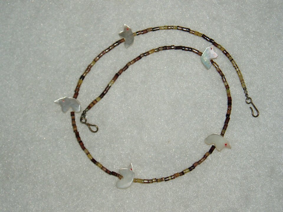 Handmade Necklace, Olive Shell and Mother of Pearl Bear Fetishes
