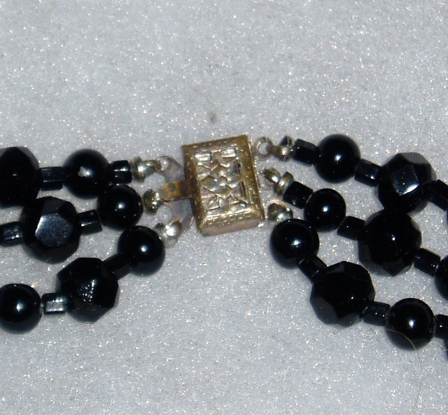 Vintage Faceted Black Glass 3-Strand Necklace and Ring Set