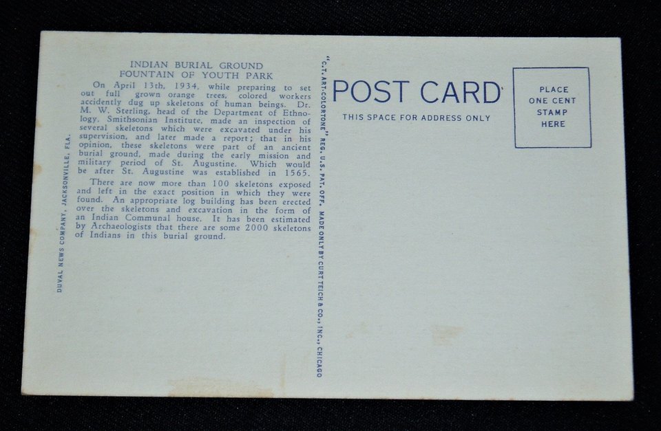 Postcard, Indian Burial Ground, St. Augustine Florida, Add'l Cards Ship Free