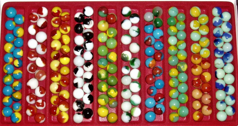 Ten Different Peltier Peerless Patch Marbles, Vintage Toy