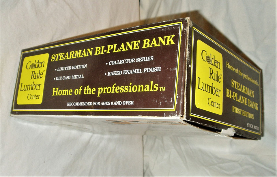 Die Cast Plane, Golden Rule Lumber Center, 1932 Stearman Bi-Plane Bank, MIB