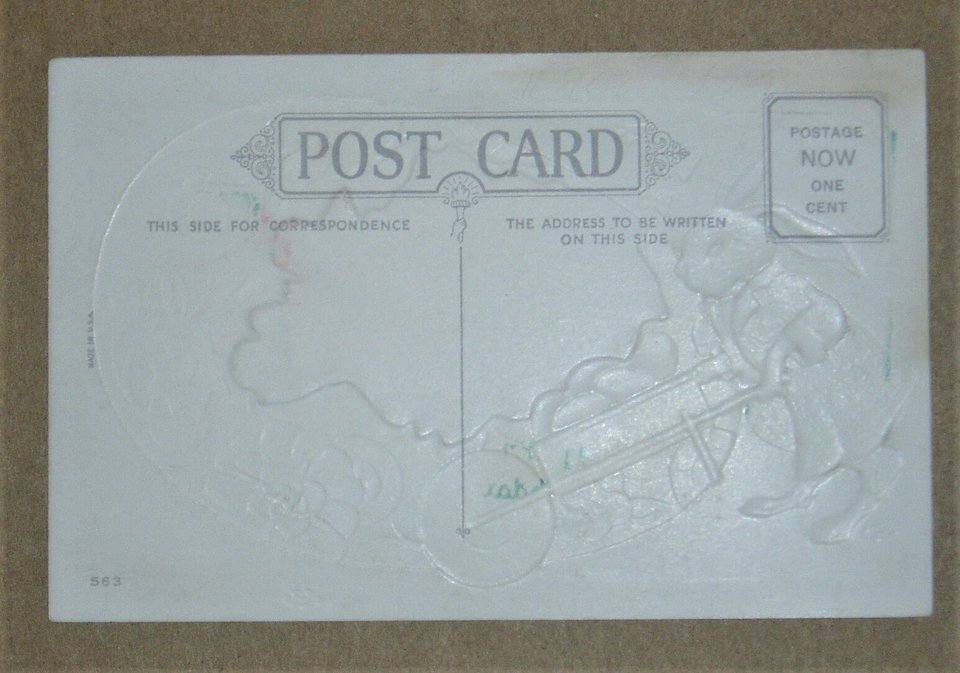 Easter Postcard, Rabbit Pushing Wheelbarrow