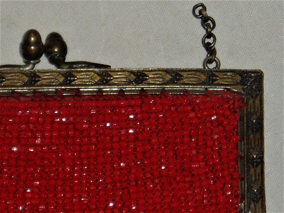 Antique Red Flapper Purse, Micro-Beads, Vine Design