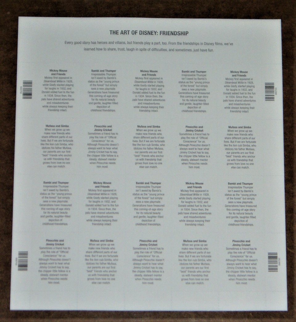 Mint 37c Stamp Sheet, The Art of Disney: Friendship , Scott Catalog #3865-68, 20 Stamps, VF NH