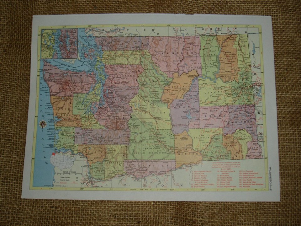 Vintage Railroad Map,  Mississippi and Missouri Rail Lines, 1950's
