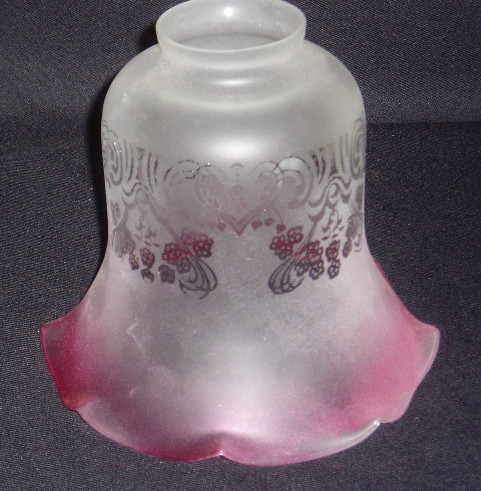 Antique Lamp Shades, Victorian - Edwardian, White Floral Etched Ruffled With Pink Accenting