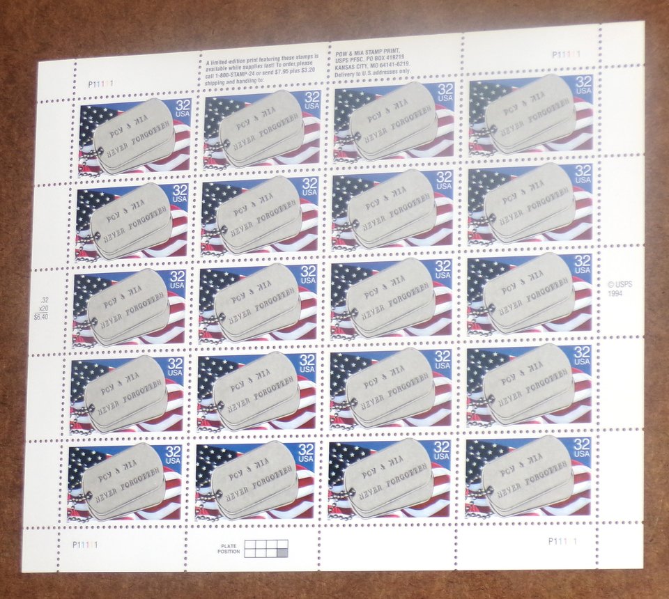 Mint 32c Stamp Sheet, MIA & POW, Prisoners of War, Missing in Action, Scott Catalog #2966