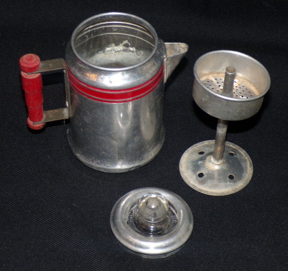 Miniature Coffee Pot, Aluminum, Red Detail