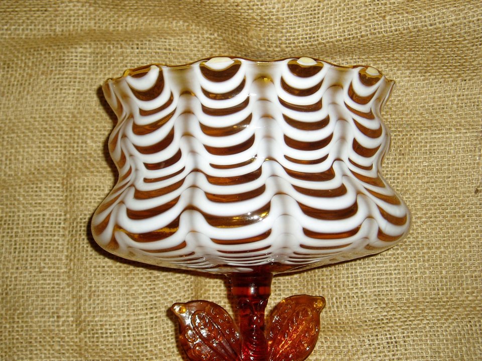 Nailsea Butterfly Compote, Amber Glass with White, Victorian