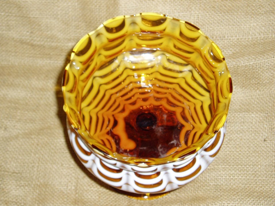 Nailsea Butterfly Compote, Amber Glass with White, Victorian
