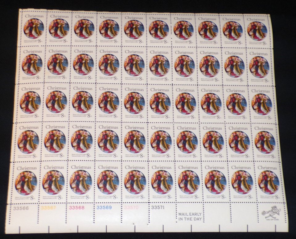 Mint 8c Stamp Sheet, Christmas Angels, Scott Catalog #1471, 50 Stamps