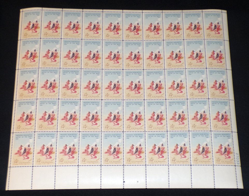 Mint 4c Stamp Sheet, Artist Frederick Remington, Scott Catalog #1187 x 50 Stamps
