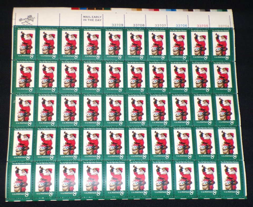 Mint 8c Stamp Sheet, Christmas Santa Claus, Scott Catalog #1472, 50 Stamps