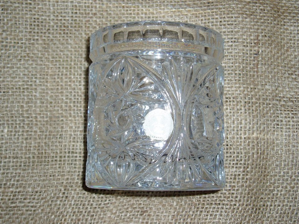 Covered Jar, Leaded Glass Slovakia, Original Sticker, Jar with Lid