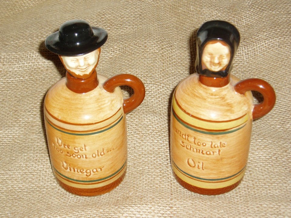 Vintage Pennsbury Pottery Oil and Vinegar, Amish Couple, Morrisville Pennsylvania