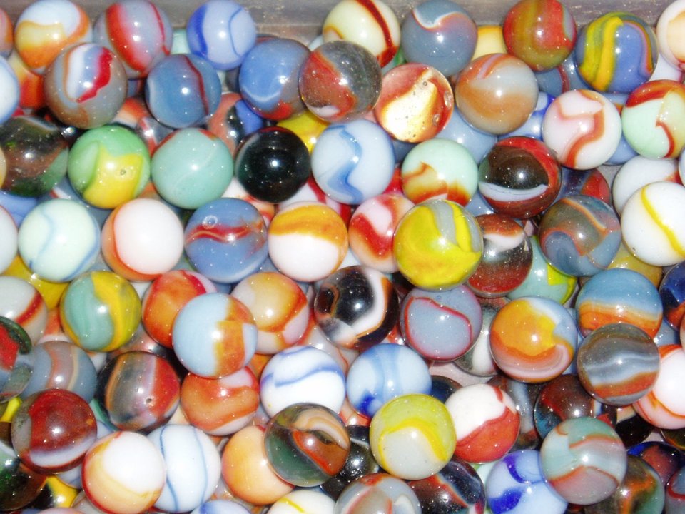 Vintage Toy Marble, Peltier Mix, 10 Assorted Rainbos, Champion Jr.s