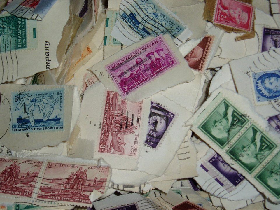 OldTime Stamp Collection, Shoebox of 1950's Used Stamps, Artist Supply
