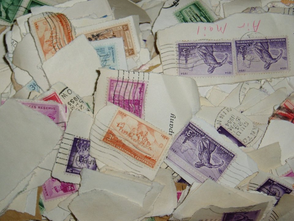 OldTime Stamp Collection, Shoebox of 1950's Used Stamps, Artist Supply