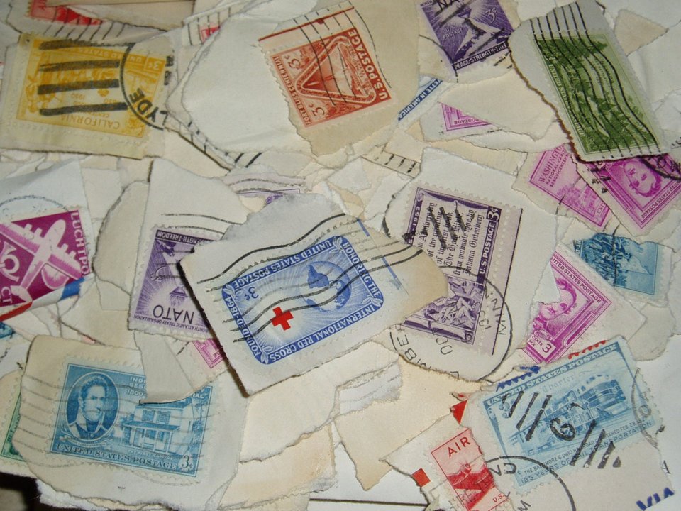 OldTime Stamp Collection, Shoebox of 1950's Used Stamps, Artist Supply