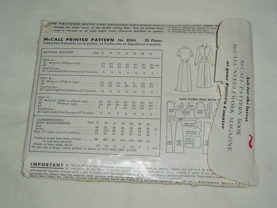 Vintage McCall Pattern 8084, Tailored Dress, Size 18, Circa 1950