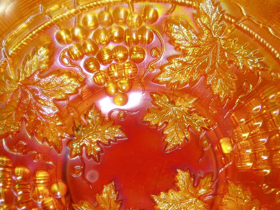 Carnival Glass Bowl, Northwood Grape & Cable, Gold Leaves
