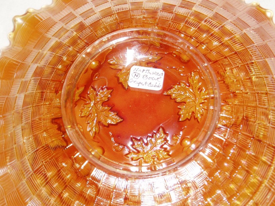 Carnival Glass Bowl, Northwood Grape & Cable, Gold Leaves
