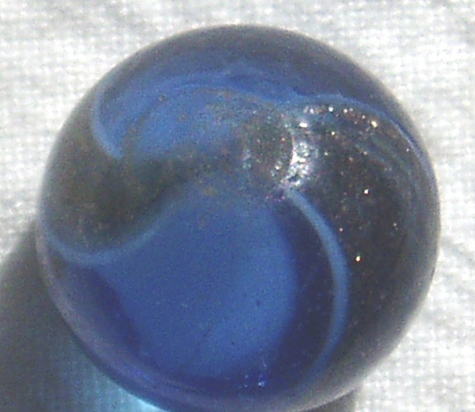 Ribbon Lutz Marble in Blue Glass, End-of-Cane, Rare Antique, Free USA Shipping