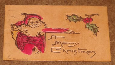 Antique Leather Postcard, Santa Holly Christmas